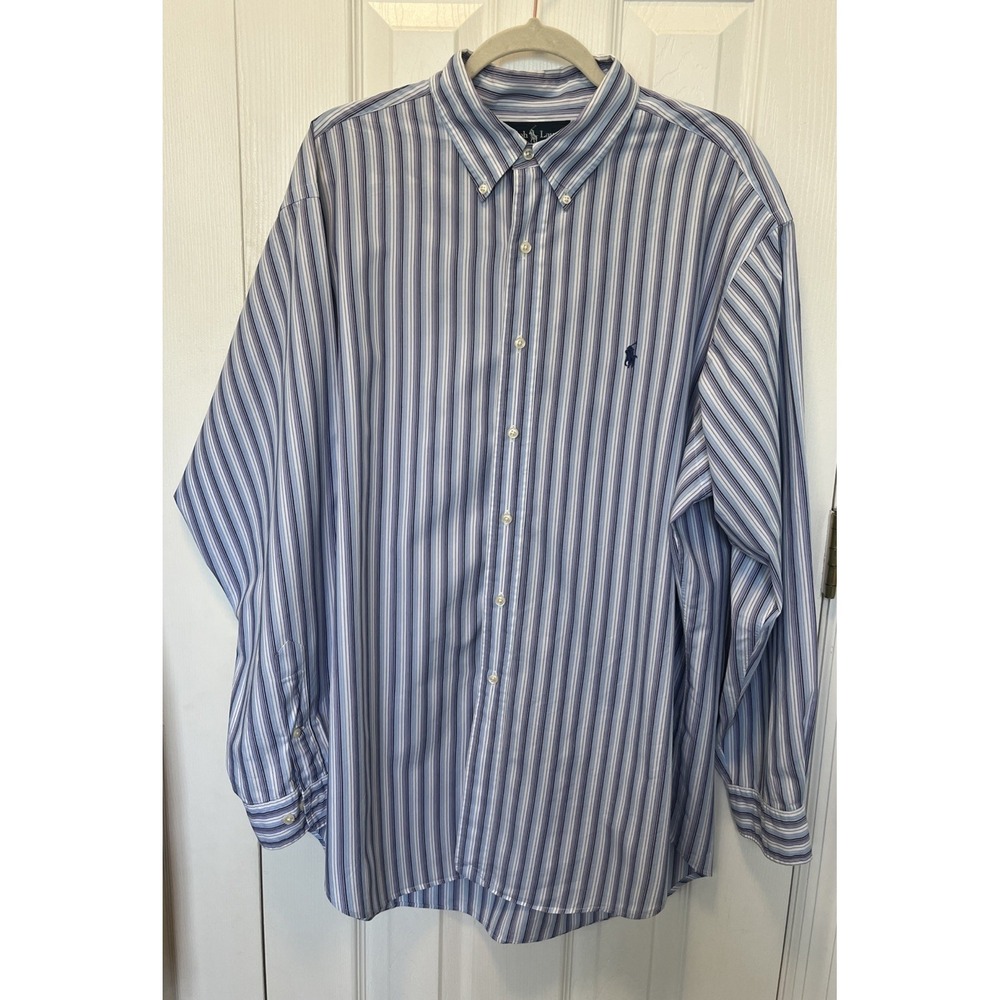 Ralph Lauren Yarmouth Mens 17 34/35 Blue Striped Pinpoint Cotton Oxford Shirt